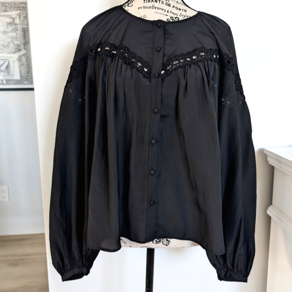 ROSE & OLIVE | Women's Black Embroidered Eyelet Long Sleeved Button Down…